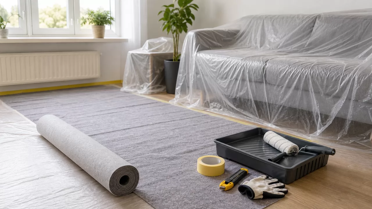 Abgedeckter Wohnraum mit Schutzfolie, Abdeckvlies, Klebeband, Roller und Malerwerkzeug