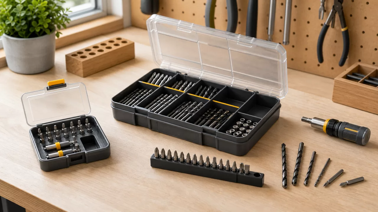 Bits und Bohrer sortiert in geöffneten Organizer-Boxen auf heller Werkbank