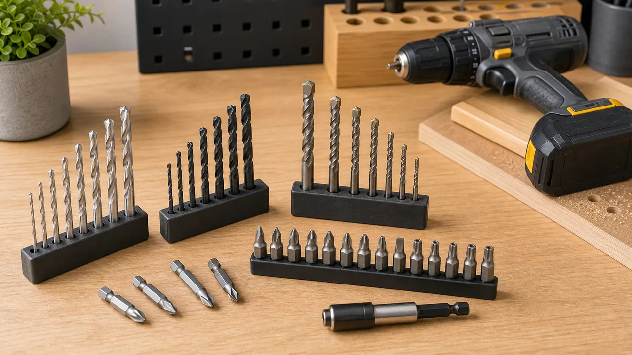 Bohrer und Bits geordnet auf heller Werkbank