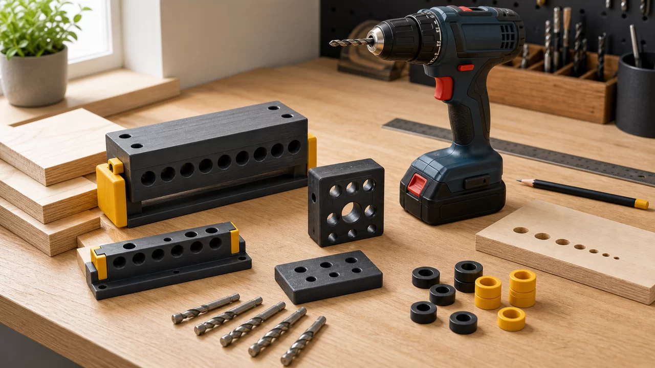 Kreuzlinienlaser und Wasserwaage und passende Werkzeuge auf heller Werkbank