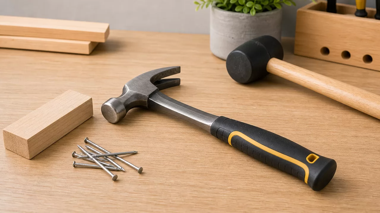 Hammer, Nägel und Holzstück auf einer hellen Werkbank
