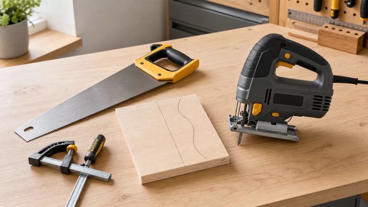 Handsäge und Stichsäge mit Holzbrett und Schnittlinien auf heller Werkbank
