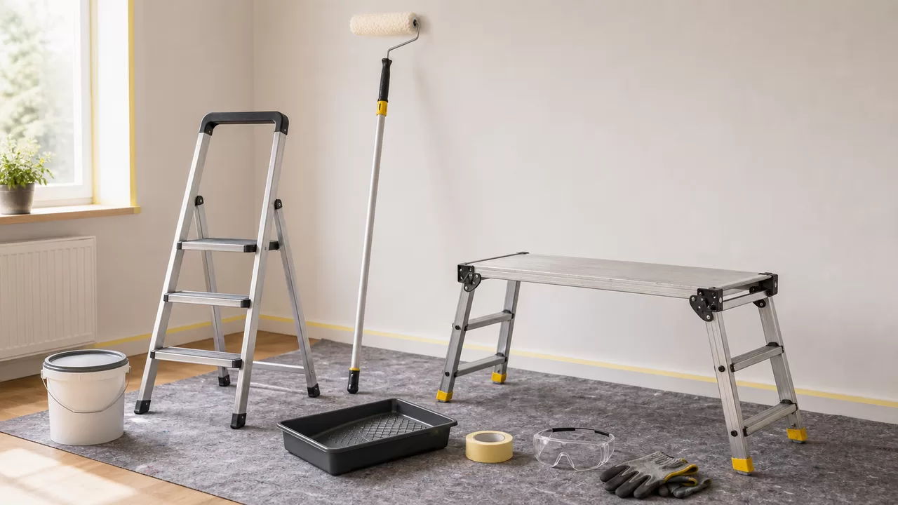 Trittleiter, Teleskopstange, kleine Arbeitsplattform, Farbroller und Abdeckvlies in hellem Raum