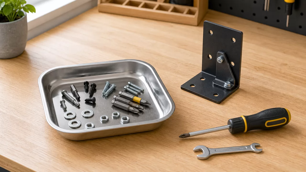Magnetischer Teilehalter mit Schrauben, Bits und Unterlegscheiben auf heller Werkbank
