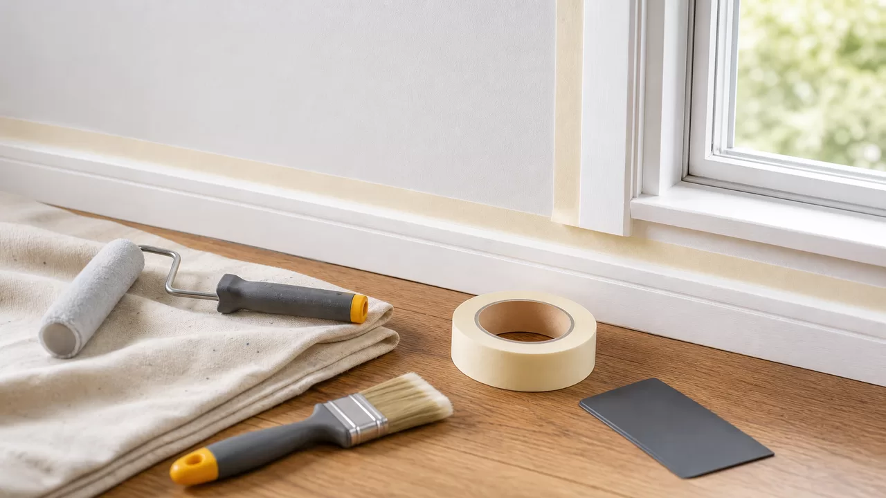 Malerkrepp an Sockelleiste und Fensterkante mit Pinsel, Roller und Abdeckvlies in hellem Raum