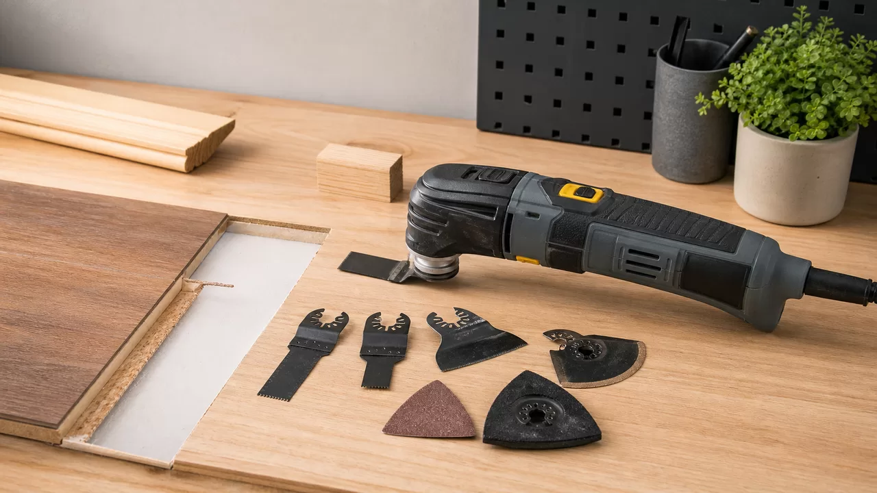 Oszillations-Multitool und passende Werkzeuge auf heller Werkbank