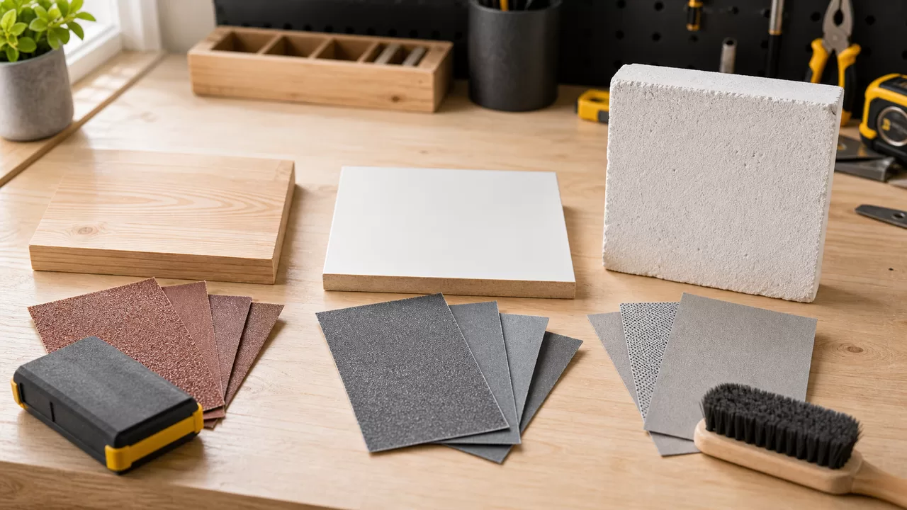 Schleifpapier für Holz, Wand und Lack mit Schleifklotz auf heller Werkbank