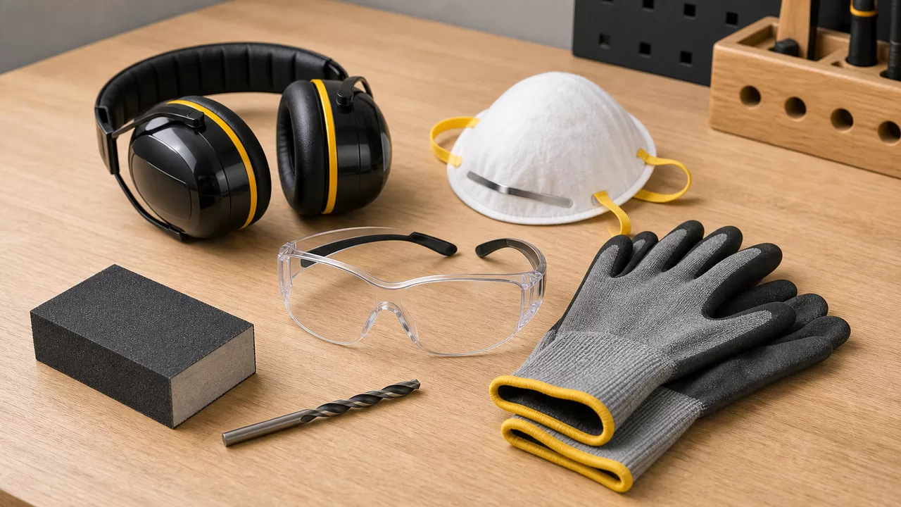 Schutzbrille und Spannzwingen und passende Werkzeuge auf heller Werkbank