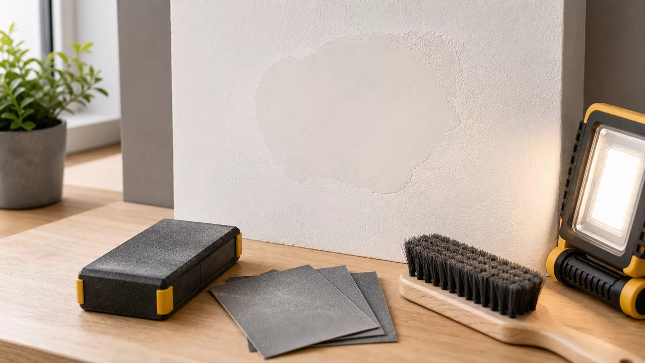 Spachtelstelle an Wandmuster mit Schleifklotz, Schleifpapier und Arbeitslicht