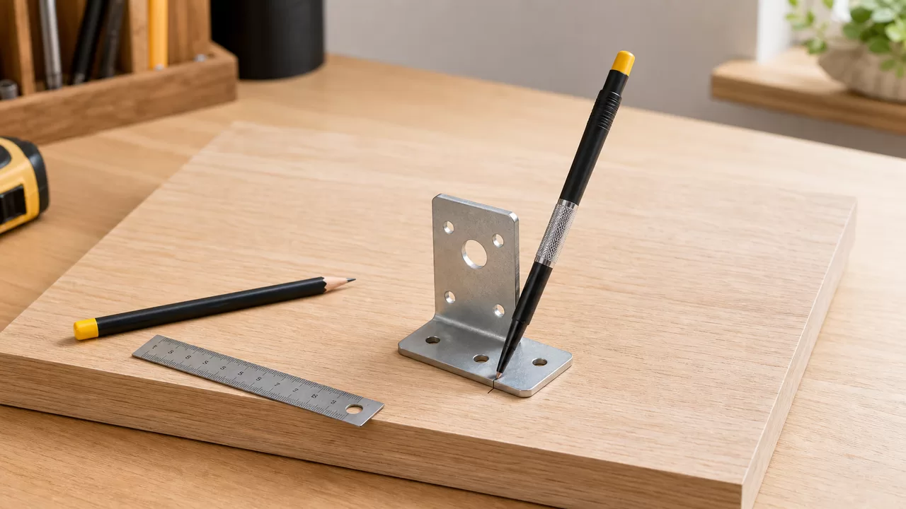 Tieflochmarker markiert durch einen Metallwinkel auf einer Holzplatte