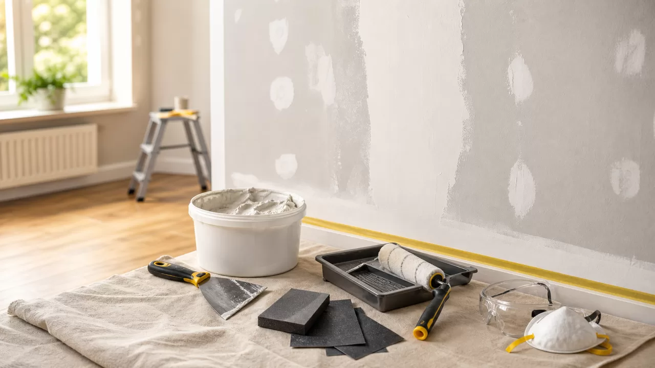 Spachtel, Schleifblock, Grundierungsrolle, Schutzbrille und vorbereitete Wandfläche in hellem Raum