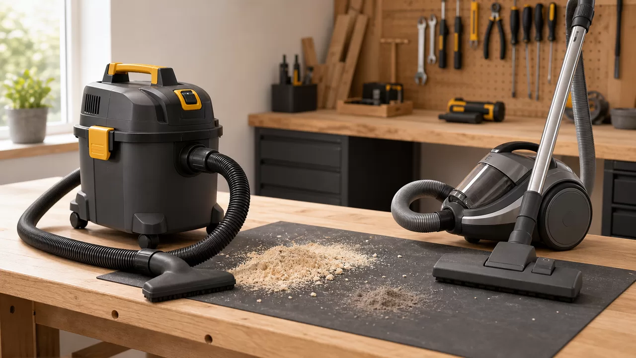 Werkstattsauger und Haushaltsstaubsauger im Vergleich neben Holzstaub
