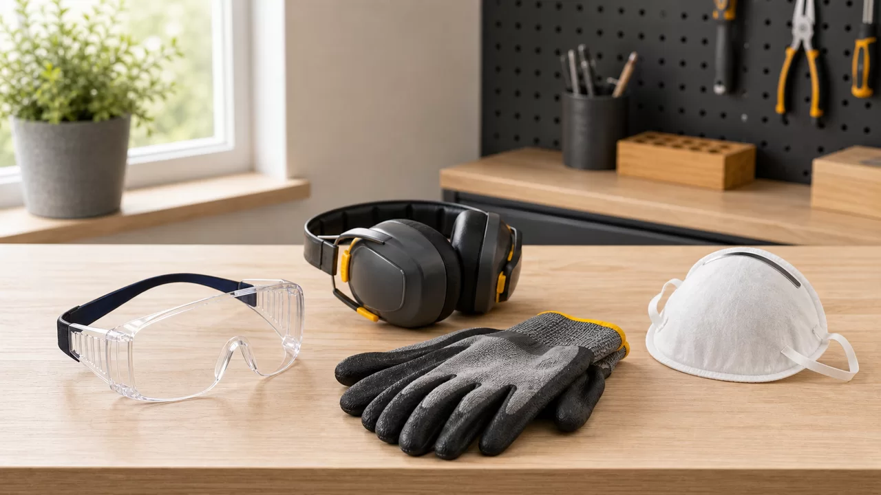 Schutzbrille, Gehörschutz, Handschuhe und Staubmaske auf heller Werkbank